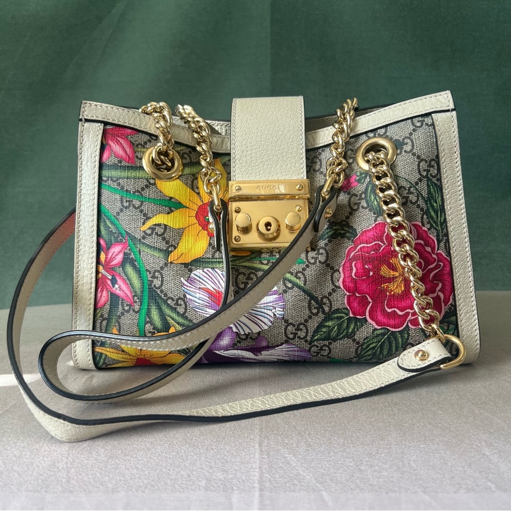 Gucci Gg Supreme Monogram Flora Small Padlock Tote  Multicolor Mystic White